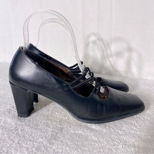 Naturalizer Black Leather Square Toe Chunky Heels W Elastic Strappy Details 8